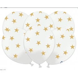 6 Balões Brancos Estrelas Douradas