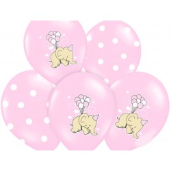 6 Balões Rosa Elefantes e Bolinhas Brancas