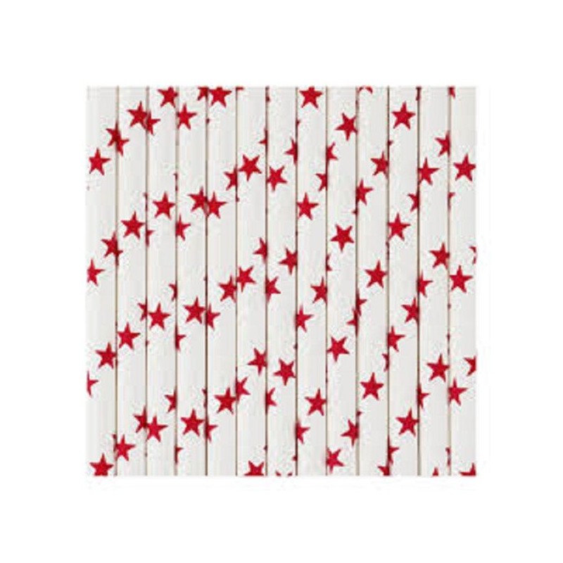 24 Palhinhas Brancas Estrelas Vermelhas