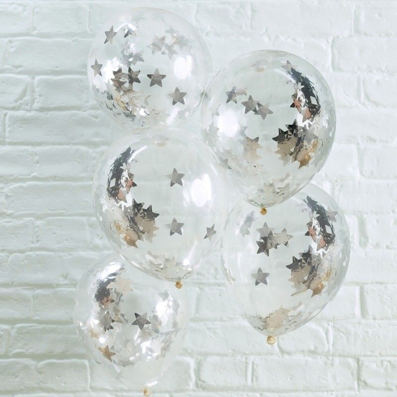 5 Balões Confetis Estrelas Foil Prateadas