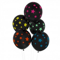 5 Balões Pretos Estrelas Coloridas Disco Star