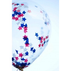 Balão Transparente Confetis Estrela Azuis e Vermelhos