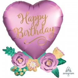 Balão Coração e Flores Happy Birthday