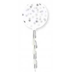 Balão Transparente 90 cms confetis estrelas Prateadas com Tassel