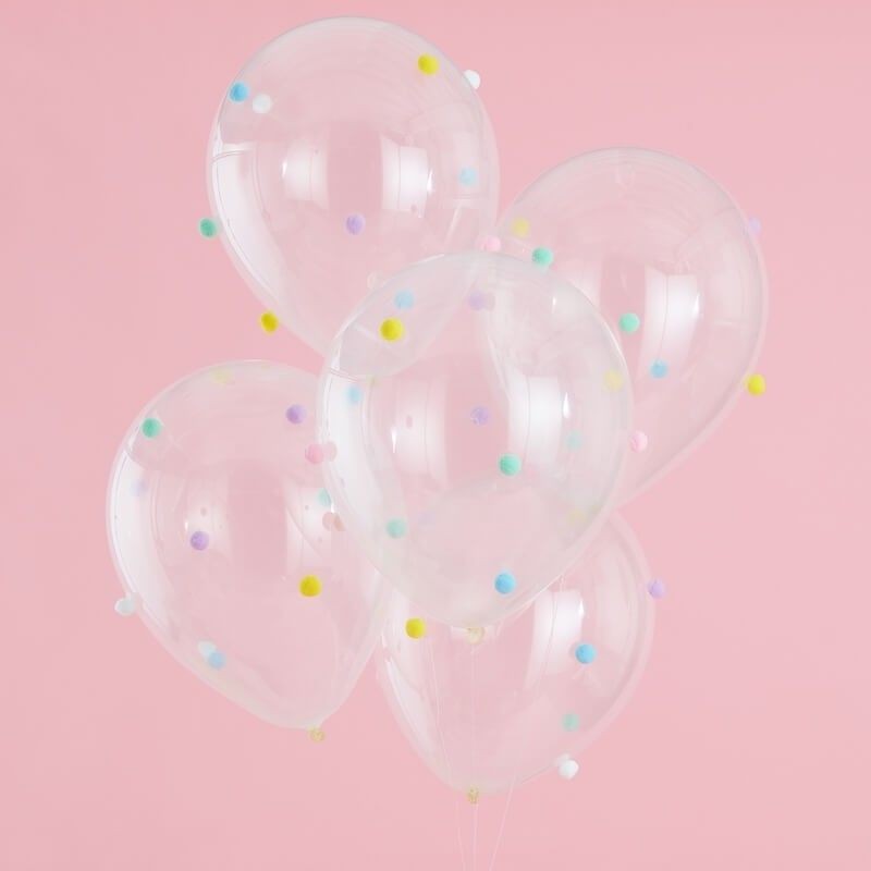 Balões Transparentes com Pompons Cores Pastel