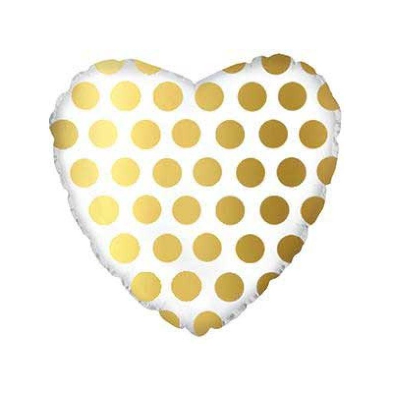 Balão Foil Coração Branco Bolinhas Douradas 43 cms
