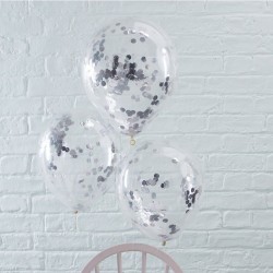 5 Balões Transparentes Confetis Prata Foil