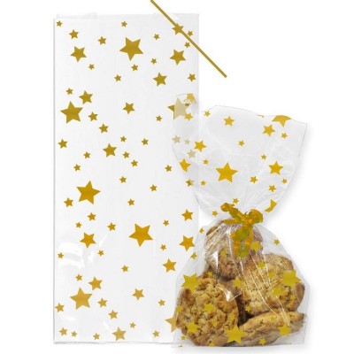 20 Sacos Estrelas Douradas Celofane com Atilhos