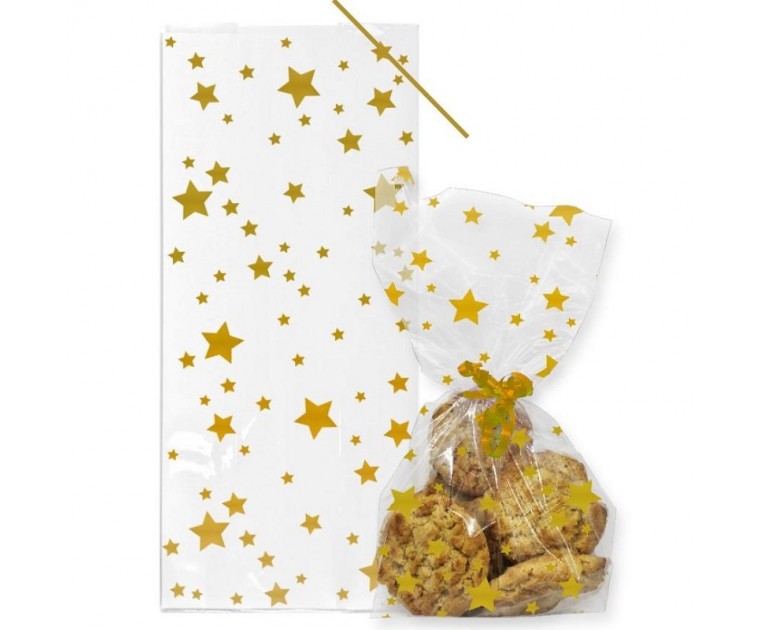 20 Sacos Estrelas Douradas Celofane com Atilhos