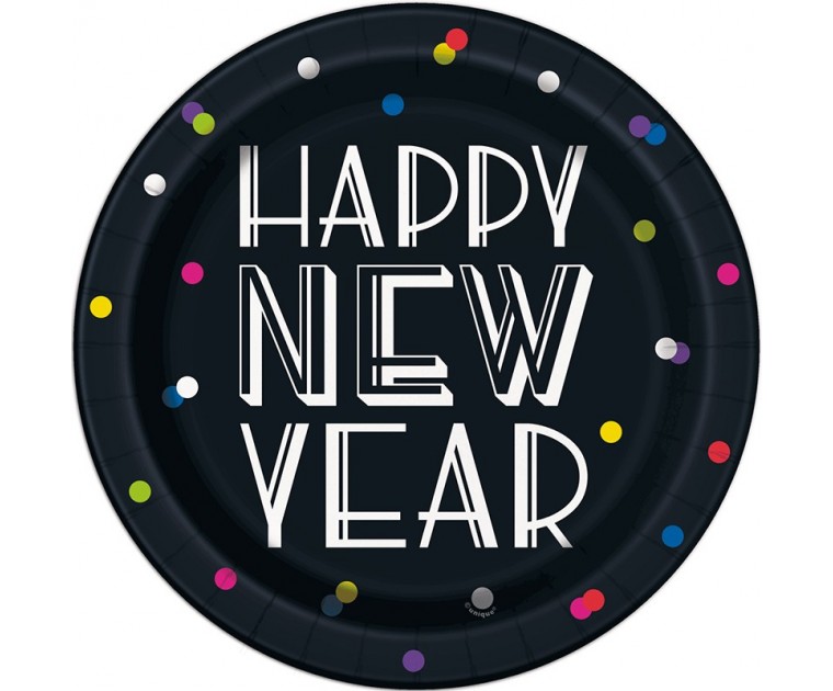Conj. 8 Pratos Happy New Year Confetis