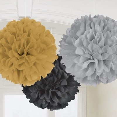 3 Pompons Decoração Preto, Dourado e Prata