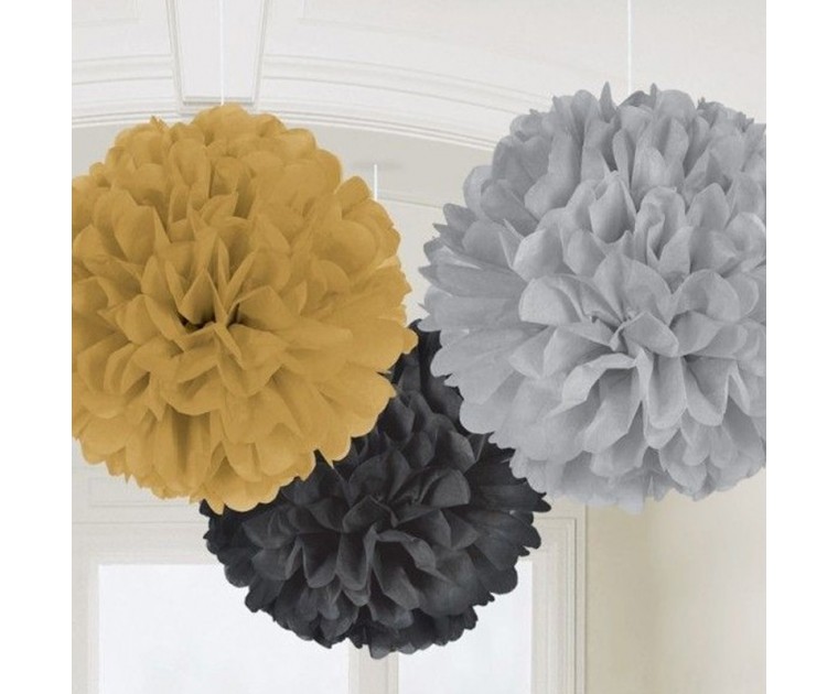 3 Pompons Decoração Preto, Dourado e Prata