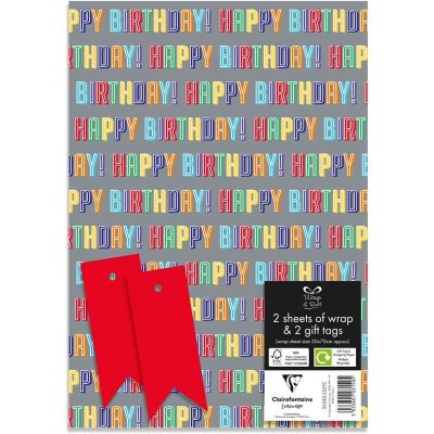 2 Folhas Papel de Embrulho c/Etiqueta Happy Birthday