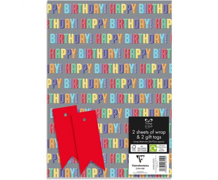 2 Folhas Papel de Embrulho c/Etiqueta Happy Birthday