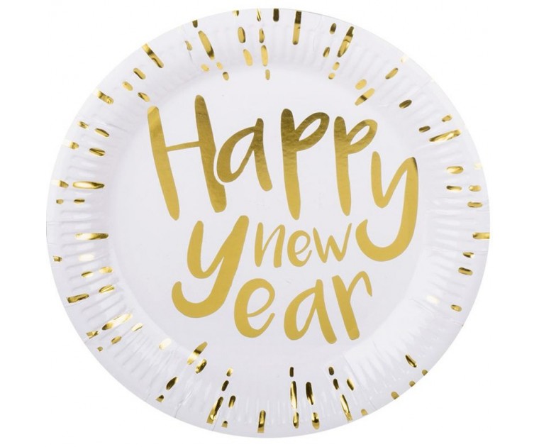 6 Pratos Brancos e Dourados Happy New Year
