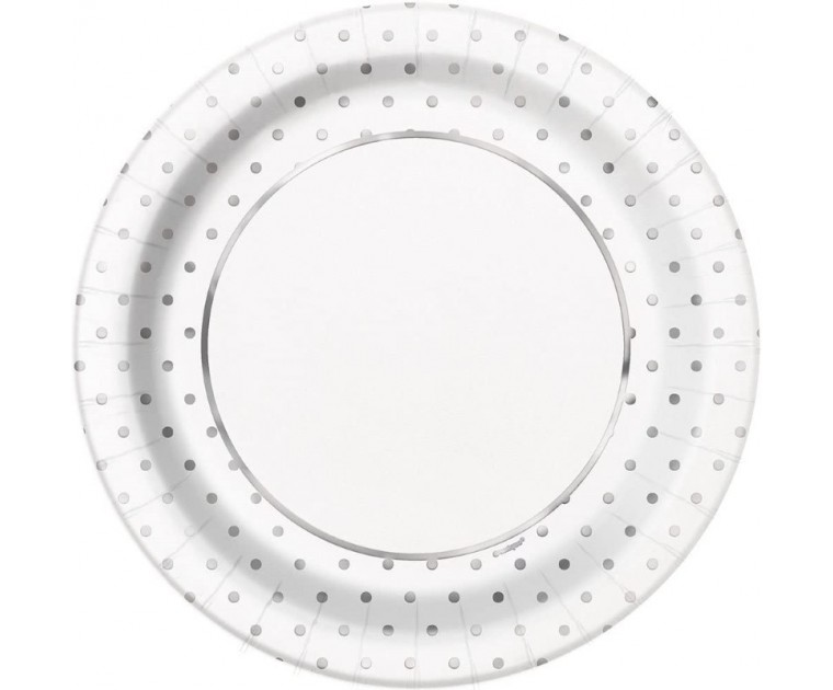 8 pratos Bolinhas Prata 23 cms