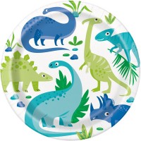8 Pratos Papel Dinossauros Verde e Azul Grandes
