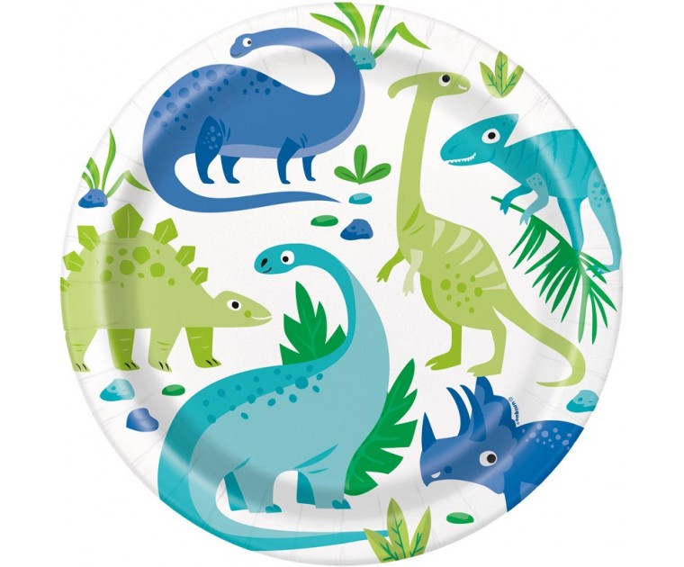 8 Pratos Papel Dinossauros Verde e Azul Grandes