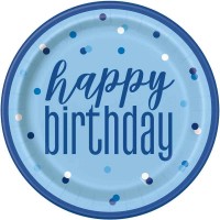 Prato Azul Bolinhas Prata Happy Birthday
