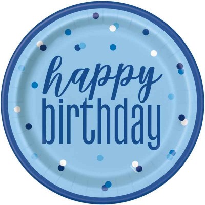 Prato Azul Bolinhas Prata Happy Birthday