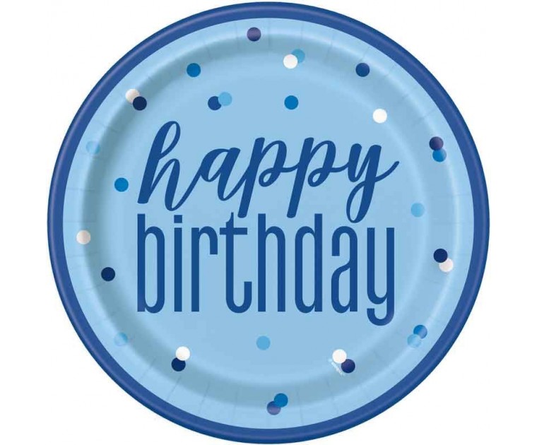 Prato Azul Bolinhas Prata Happy Birthday