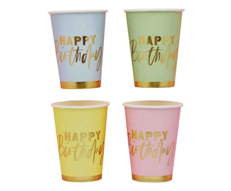 Copos Happy Birthday Cores Pastel