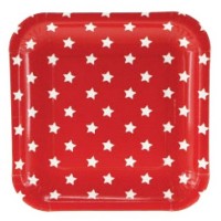 Prato Quadrado Vermelho Estrelas Brancas