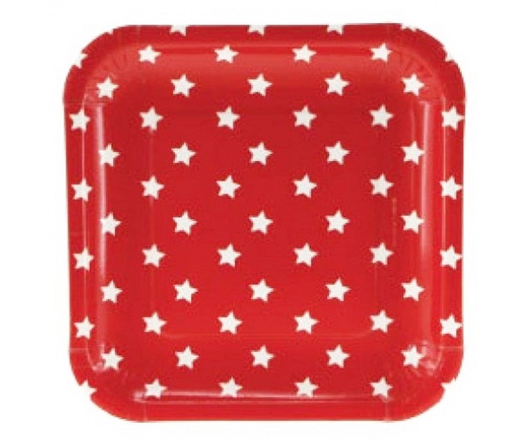 Prato Quadrado Vermelho Estrelas Brancas