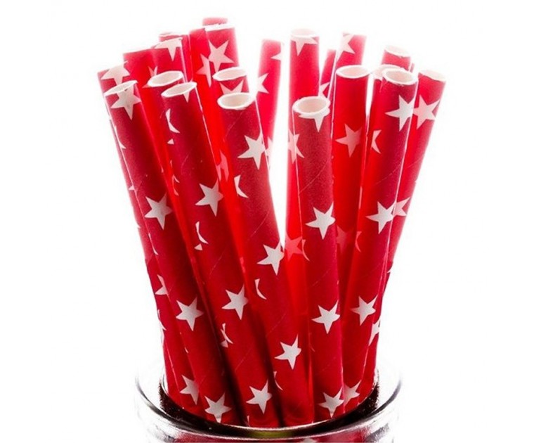 24 Palhinhas Vermelhas Estrelas Brancas