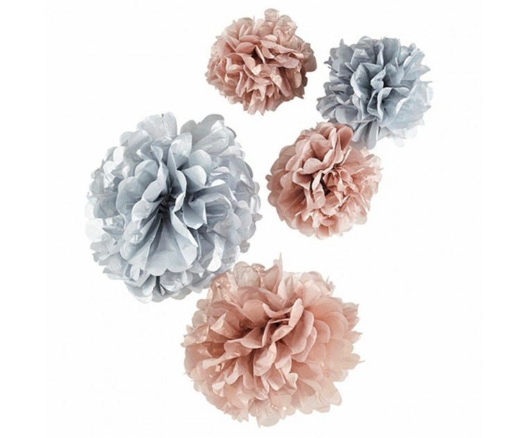 Conjunto de 5 Pom Poms Rose Gold e Prata