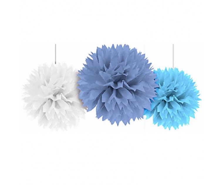 Pack 3 Pompons Fluffy Azuis 40 Cms