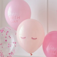 Mix Balões Rosa Happy Birthday com Confetis e Olhinhos