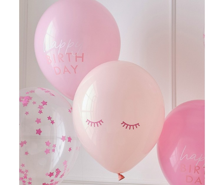 Mix Balões Rosa Happy Birthday com Confetis e Olhinhos