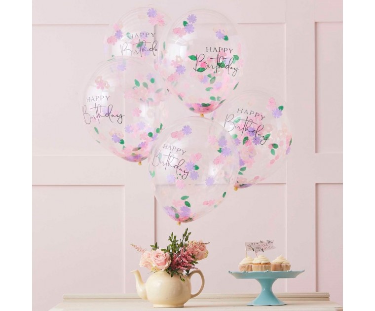 5 Balões Confetis Florais Happy Birthday