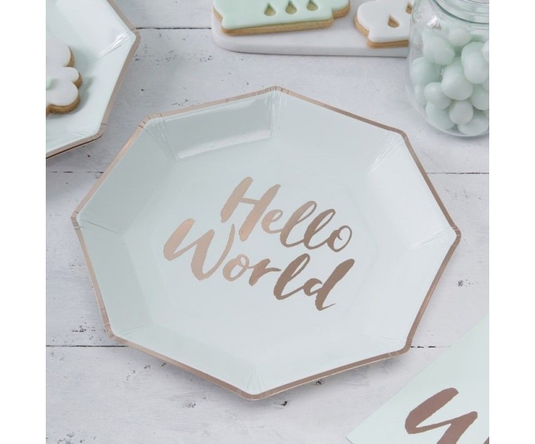 Pratos Menta e Rose Gold Hello World