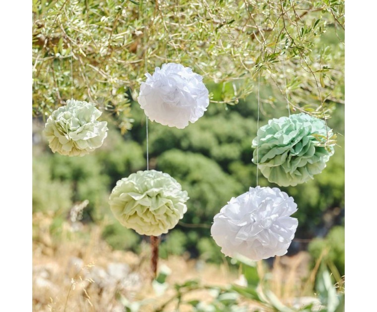 Conj. 5 Pompons Brancos e Verde Sálvia