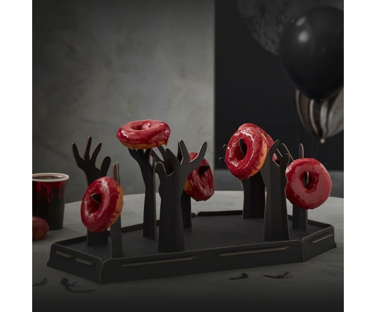 Caixão Suporte de Donuts com mão de Zombie