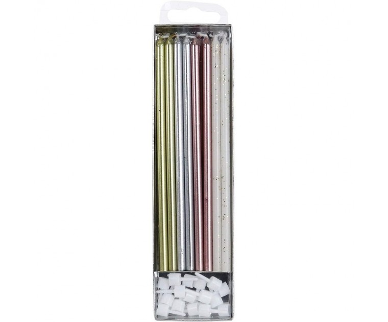 16 Velas Altas Multicoloridas Metálicas e Brancas c/ Glitter PME