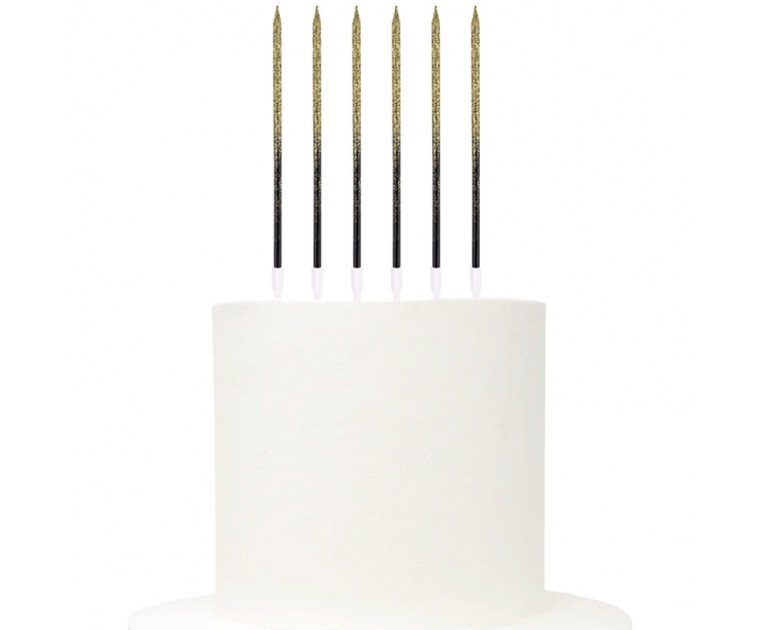 6 velas pretas e douradas com glitter