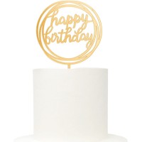 Topo Acrílico Dourado Redondo Happy Birthday