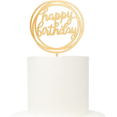 Topo Acrílico Dourado Redondo Happy Birthday