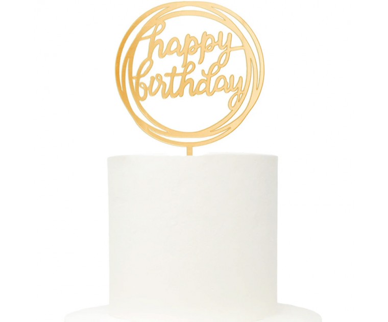 Topo Acrílico Dourado Redondo Happy Birthday
