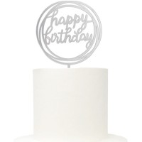 Topo Acrílico Prata Redondo Happy Birthday