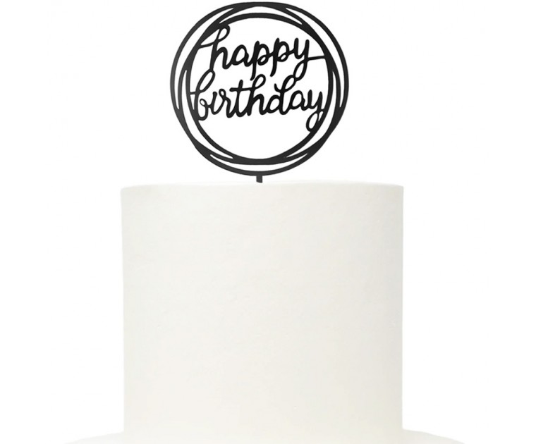 Topo Acrílico Preto Redondo Happy Birthday