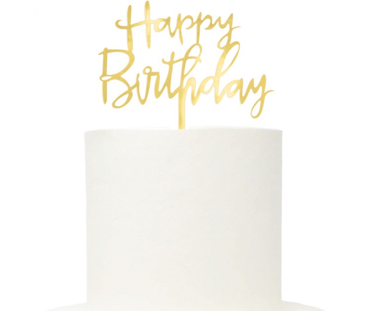 Topo Acrílico "Happy Birthday' Dourado Espelhado
