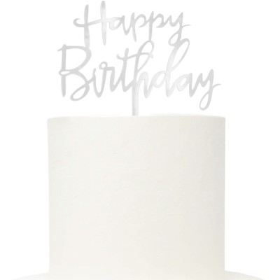 Topo Acrílico "Happy Birthday' Prata Espelhado