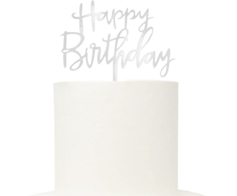 Topo Acrílico "Happy Birthday' Prata Espelhado