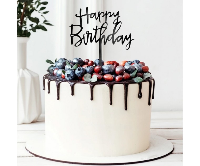 Topo Acrílico Preto 'Happy Birthday ' 13cms