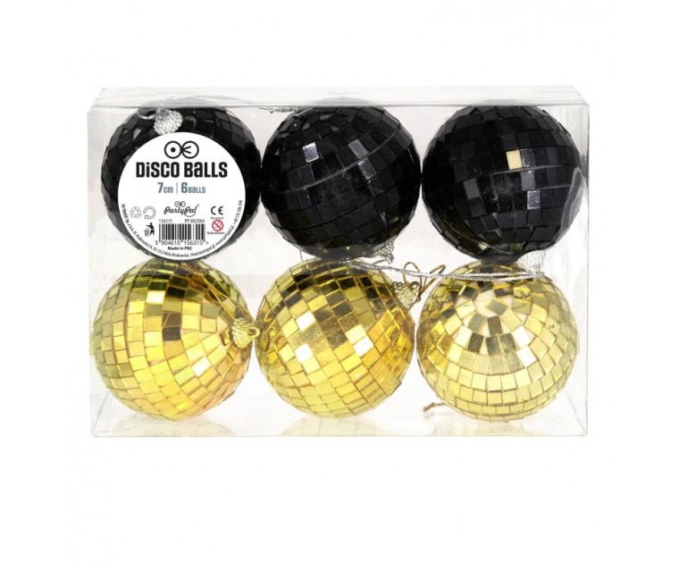Conj. 6 Bolas Espelho Pretas e Douradas 7 cms