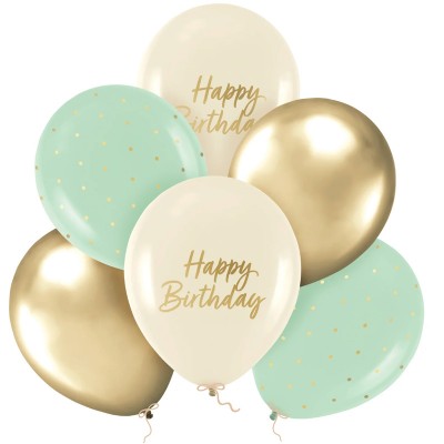 Conj. Balões Happy Birthday Verde, Bege e Dourado